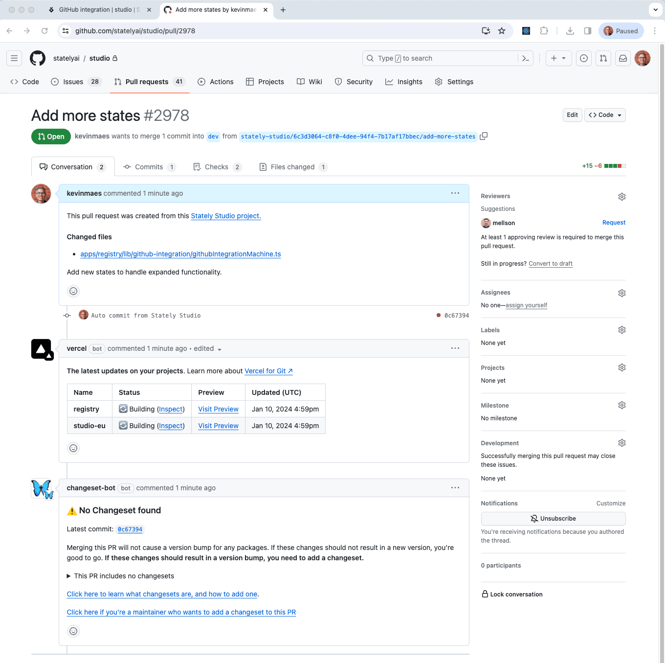 Pull requests appear on GitHub just as they normally would and can be reviewed, modified, approved, and merged.