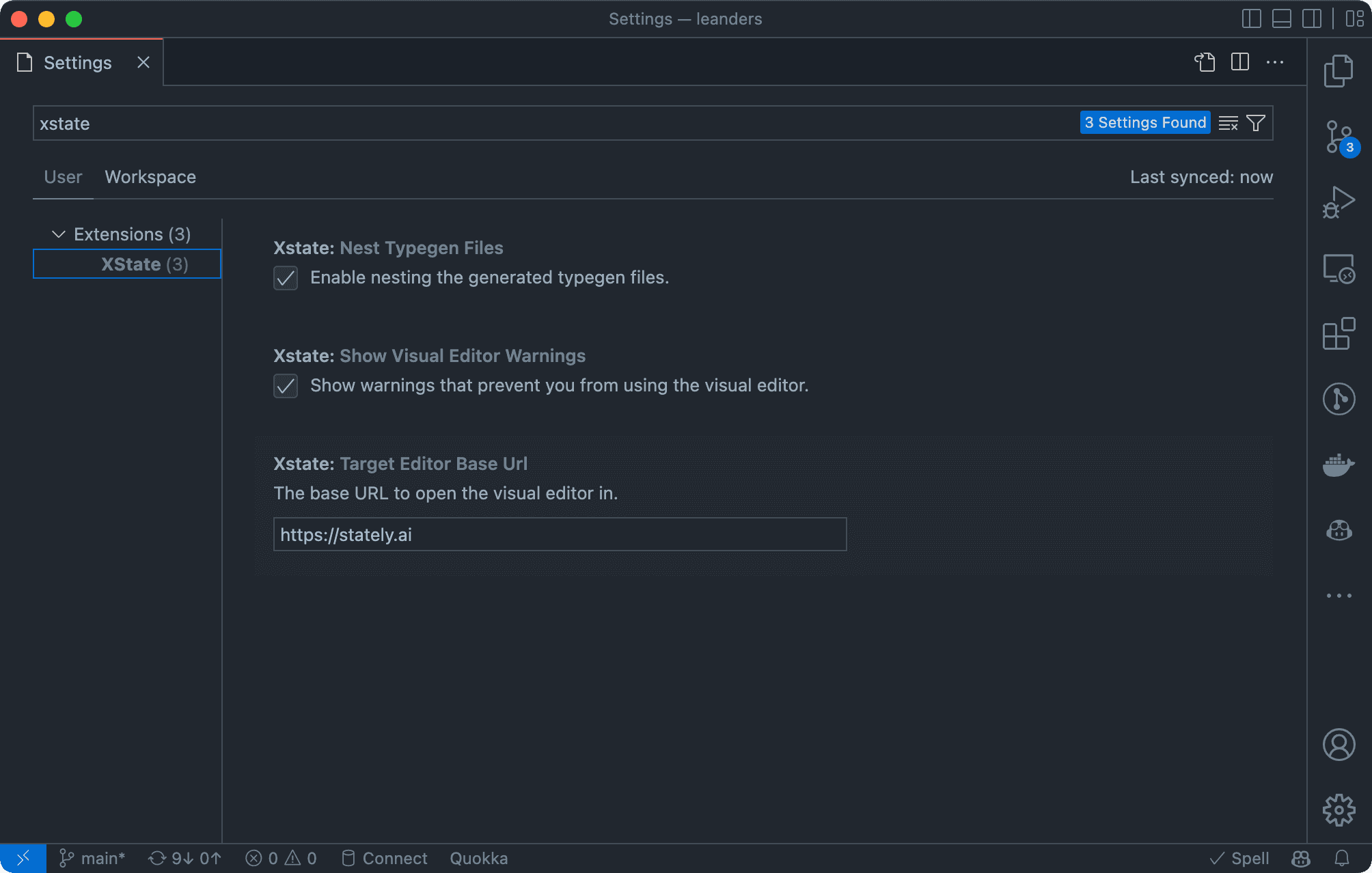 The Extensions settings view in VS Code has XState settings including the option to enable nesting the generated typegen files.