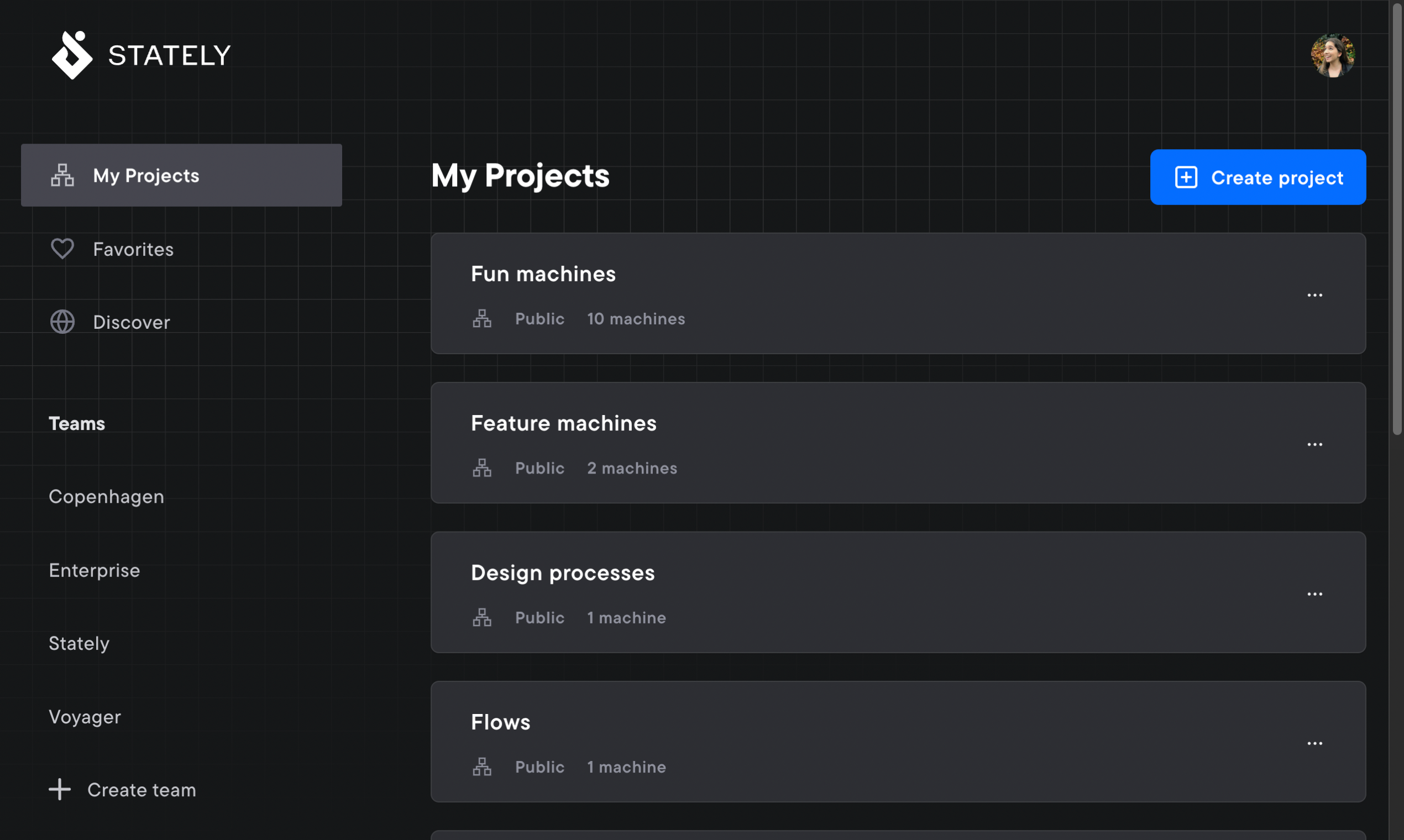 Stately Studio view of My Projects, with a big Create Projects button and a list of My Projects. Each project has a title such as Flows, its visibility, such as public, unlisted or private, and the number of machines inside that project.