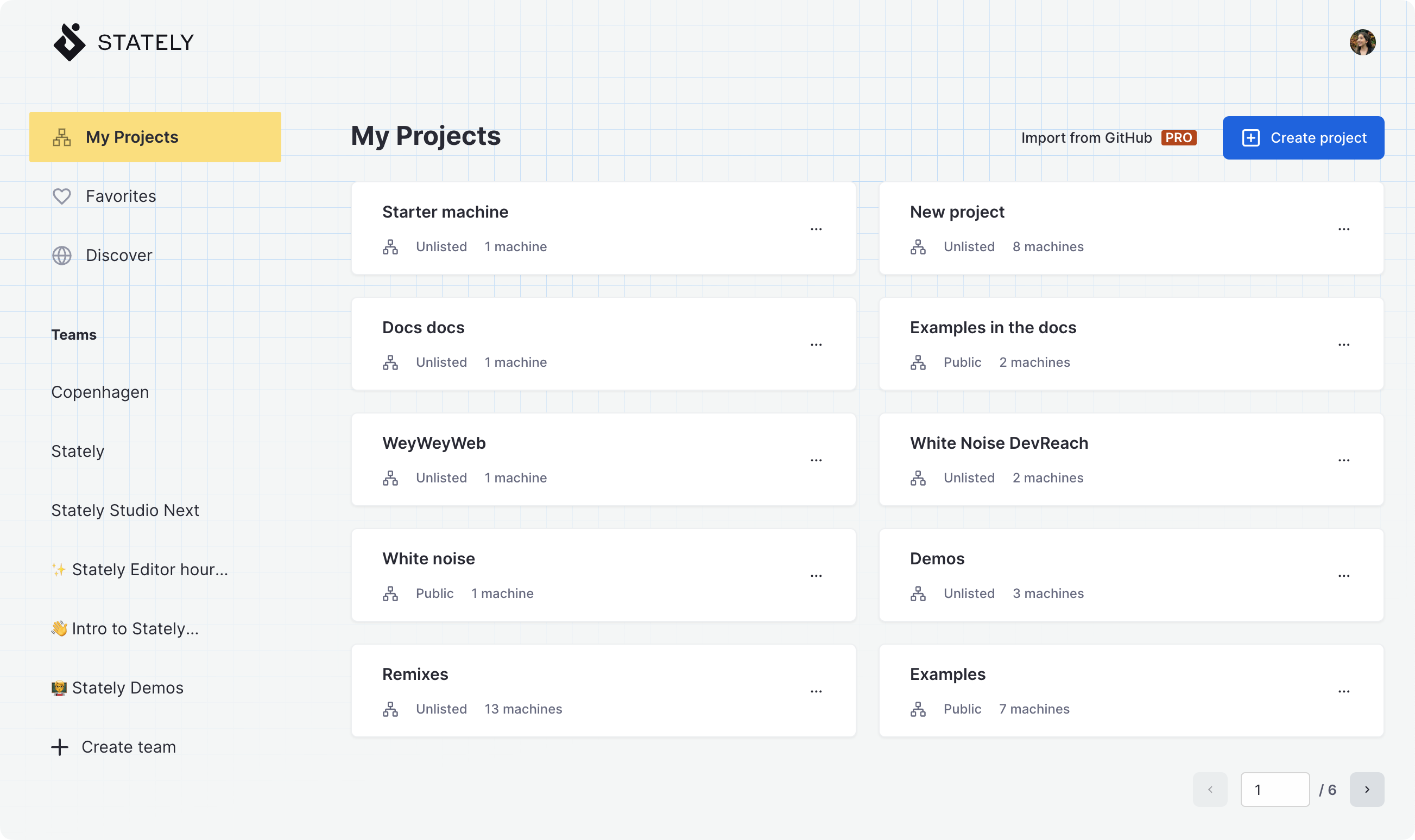 Stately Studio My Projects page showing three pages of projects along with each project’s name, number of machines, and whether the project is public, private, or unlisted.