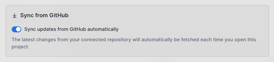 By default, connected repos are auto-synced with the GitHub repo but this can be disabled if you want to manually sync instead.