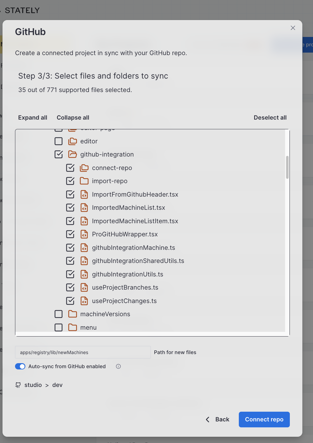 Importing allows users to choose a repository, a branch, and to select individual files or entire folders to sync with Stately Studio.