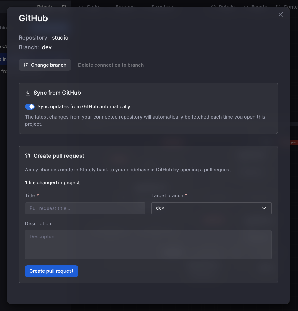 Connected projects have a GitHub Settings panel where users can create new pull requests targeting any branch in the connected repository.