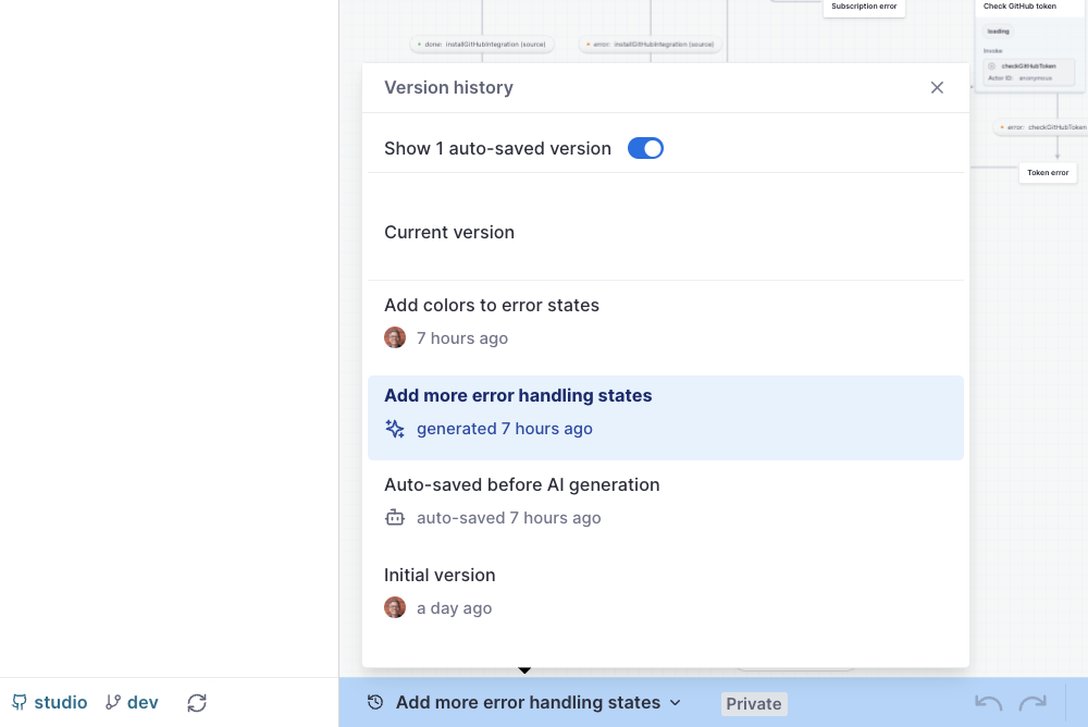 Stately Studio has offers powerful free and premium features for working with your state machines after importing them from a GitHub repository, like using Version History.