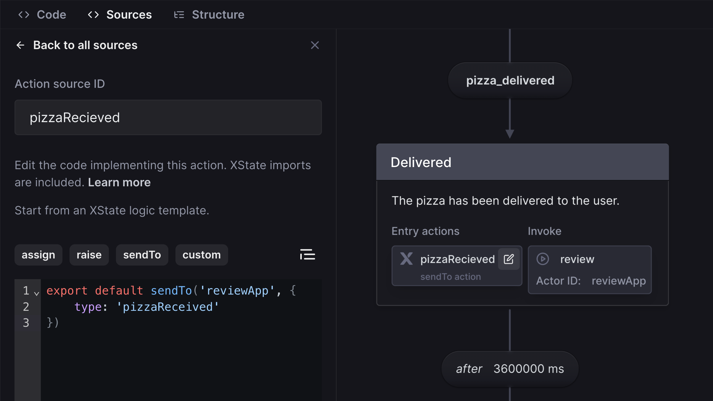 The sources panel open for a pizzaRecieced entry action. In the source code, the sendTo action is being used to send an event of pizzaRecieved to the reviewApp actor.